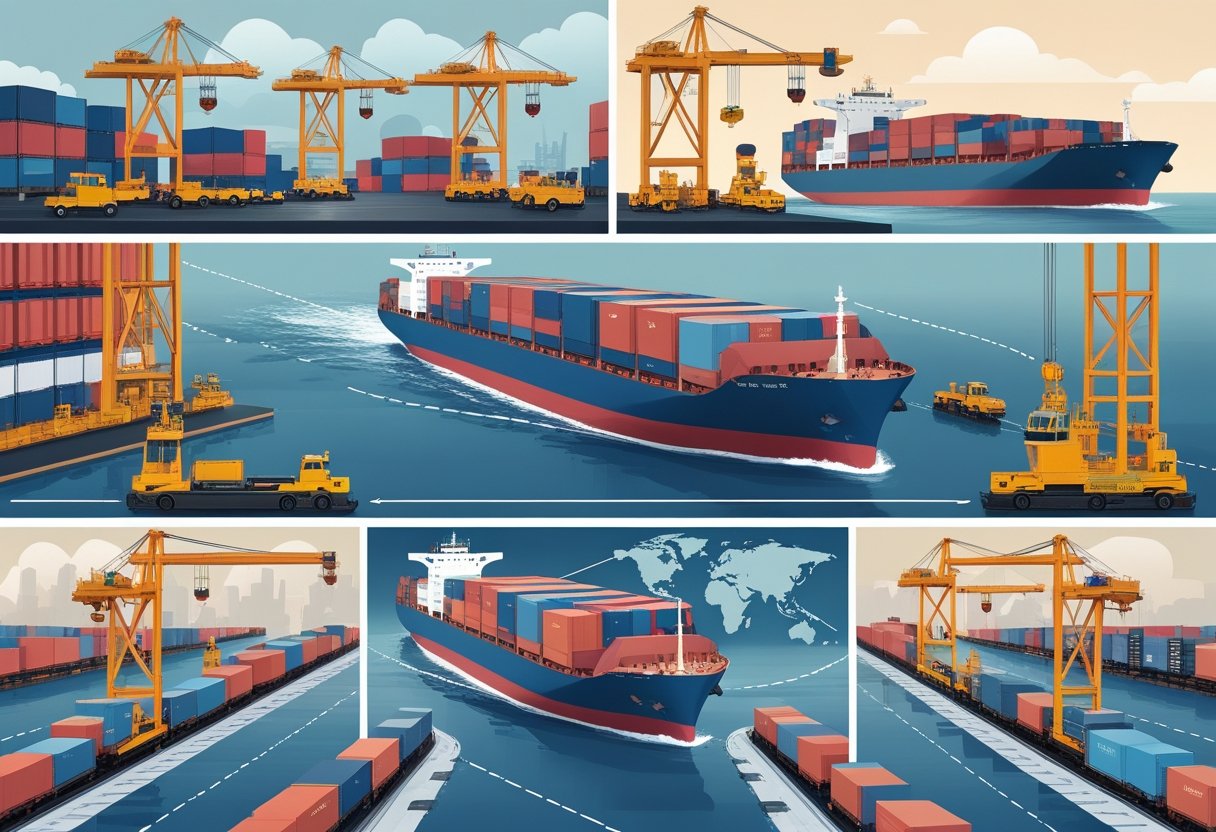 Illustration showing the step-by-step process of shipping freight from China to the USA, including manufacturing, port loading, ocean transport, arrival at the US port, and inland distribution.