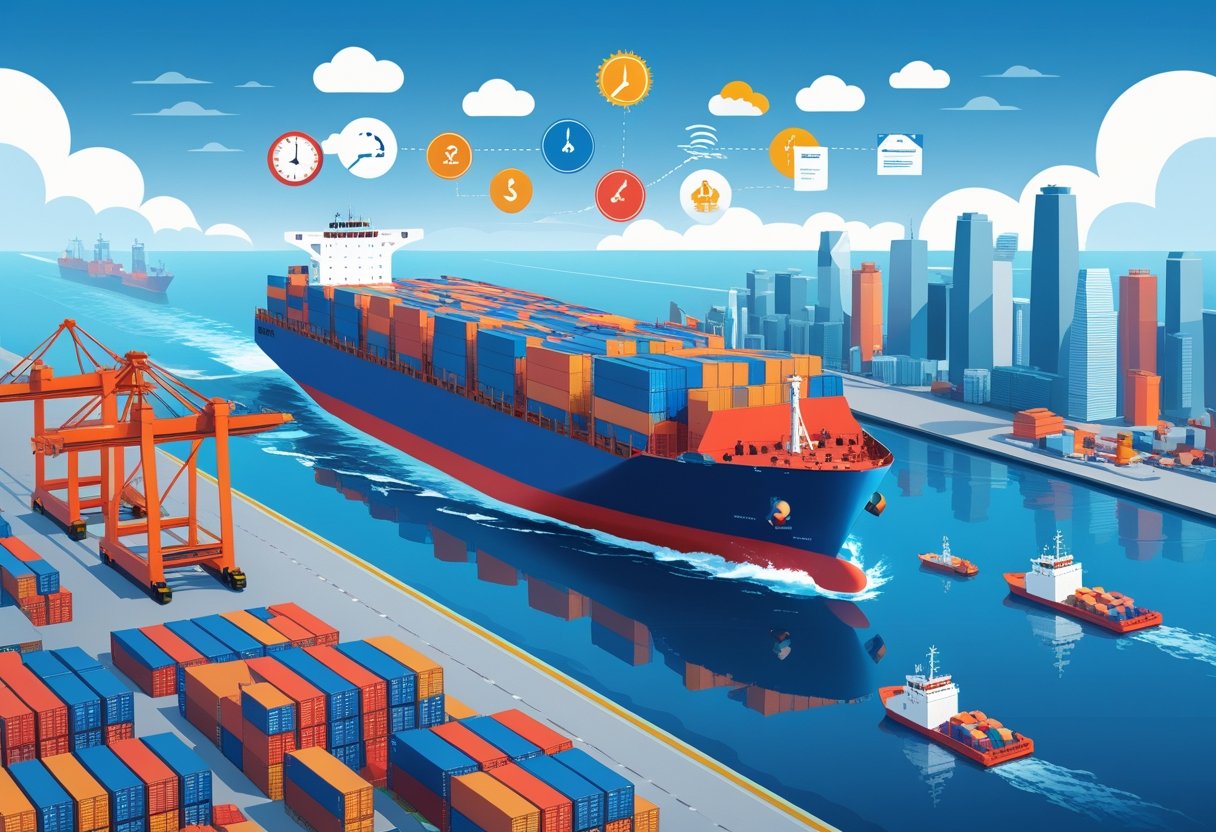 A cargo ship carrying containers sailing from a Chinese port toward an American port city, with icons representing factors like time, fuel, weather, customs, and costs above the ship.