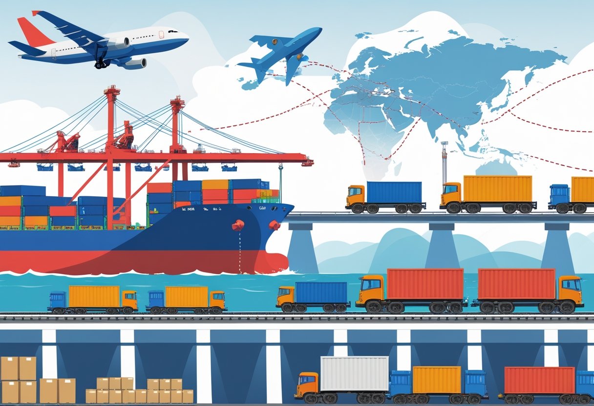 A cargo port with ships, an airplane, freight trains, and trucks transporting containers, illustrating various shipping methods from China to the USA.