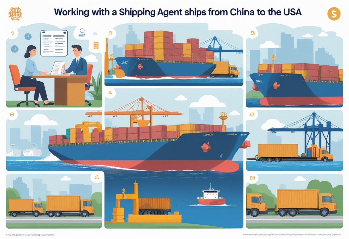 A step-by-step illustration showing a person working with a shipping agent, packaging goods, loading cargo onto a ship, the ship traveling across the ocean, customs inspection, and delivery at a warehouse.