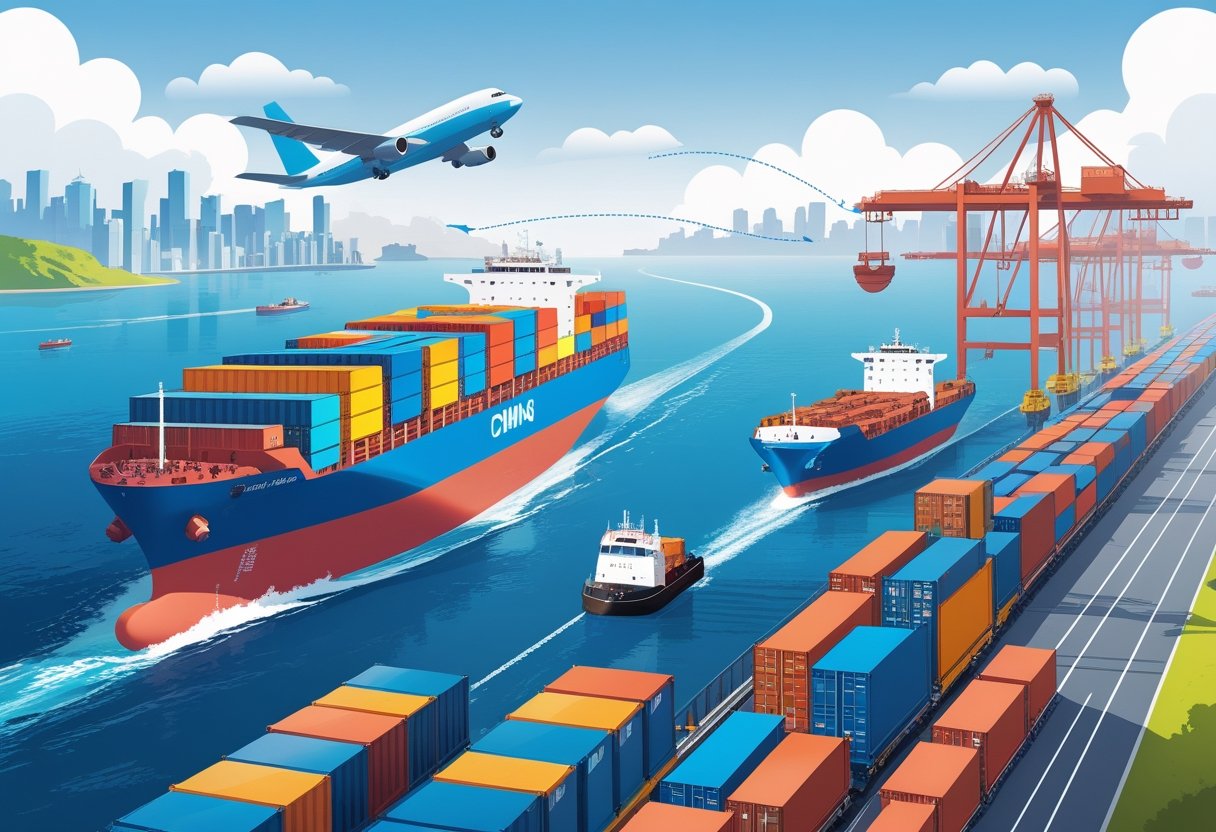 A cargo ship, freight airplane, and freight train transporting containers between a Chinese city and an American city across the ocean.