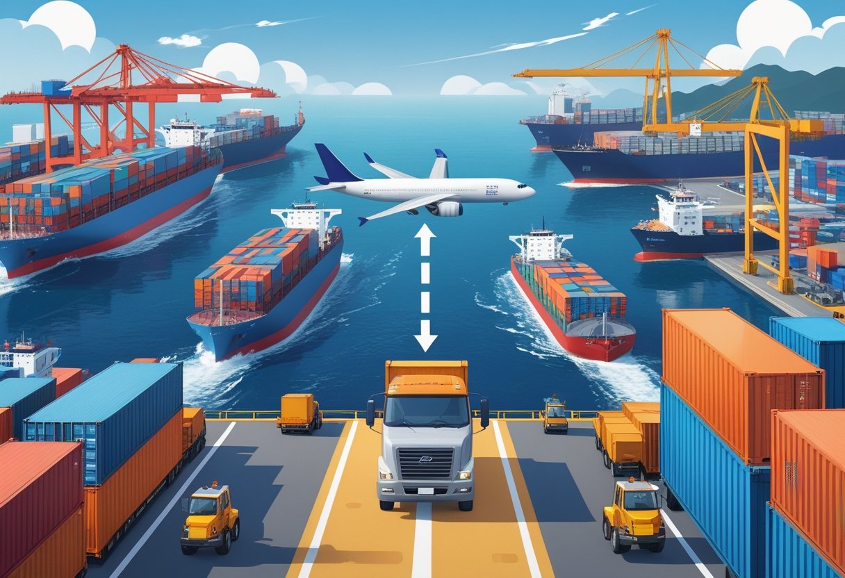 Illustration showing the process of shipping freight from China to the USA, including loading containers at a Chinese port, transportation by truck, airplane, and train, and unloading at an American port with warehouses.
