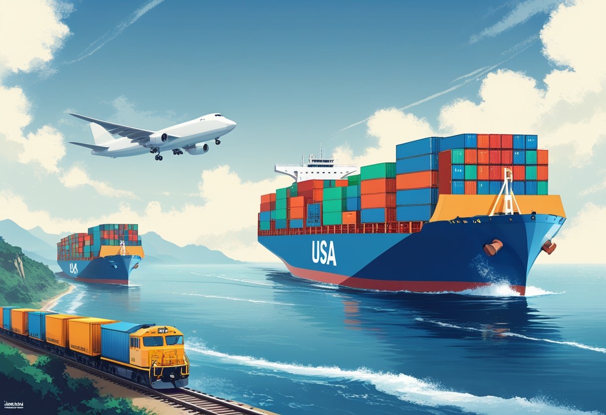 Illustration showing a cargo ship, airplane, and freight train transporting containers between China and the USA across the ocean.