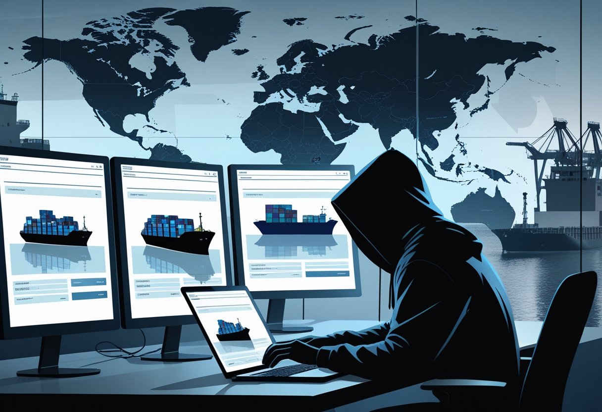 A person in a hoodie working on a laptop with digital screens showing cargo ships, shipping containers, and world maps in the background representing international logistics and a scam.