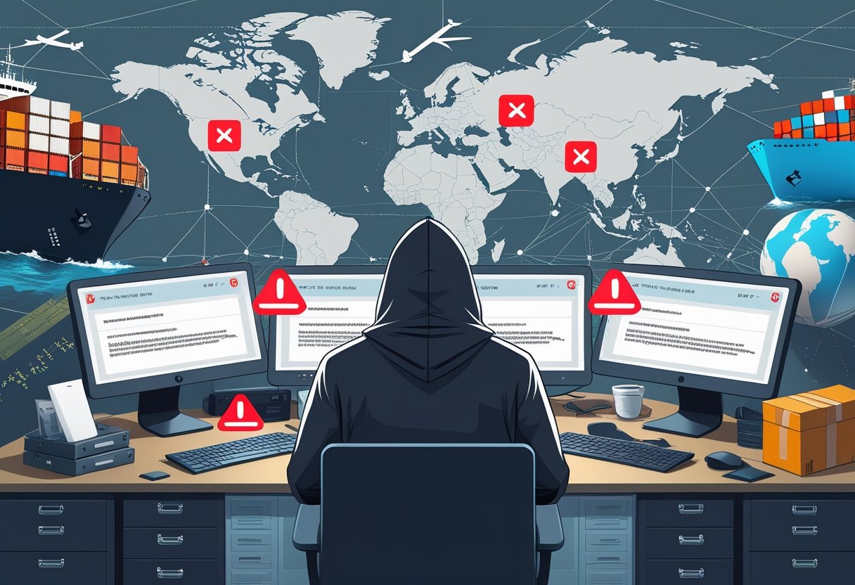 A person in a hoodie at a desk with multiple computer screens showing suspicious emails, surrounded by images of cargo ships, airplanes, and world maps representing international logistics.
