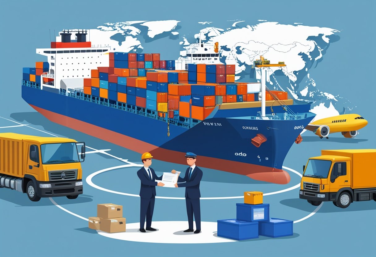A cargo ship at a busy port with cranes loading containers, a customs officer handing documents to a logistics manager, and trucks and airplanes nearby representing international shipping.