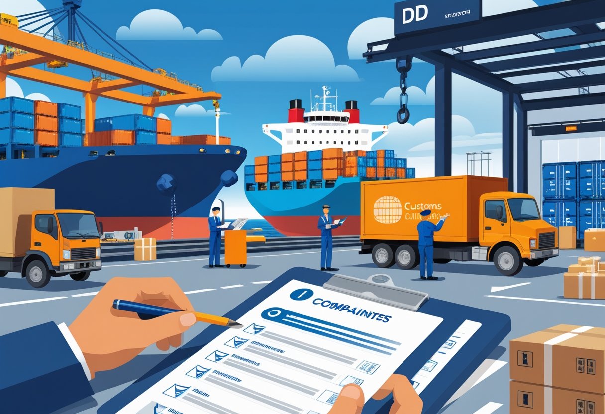 A logistics manager reviewing shipping documents with cargo ship, delivery truck, customs officer, and warehouse in the background representing DDP shipping responsibilities.