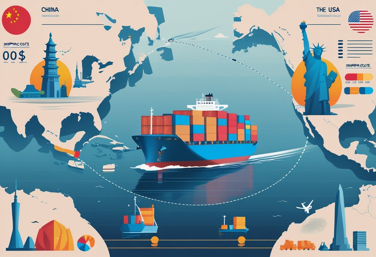 A cargo ship sailing across the ocean between China and the USA, with maps of both countries and a shipping route connecting them.