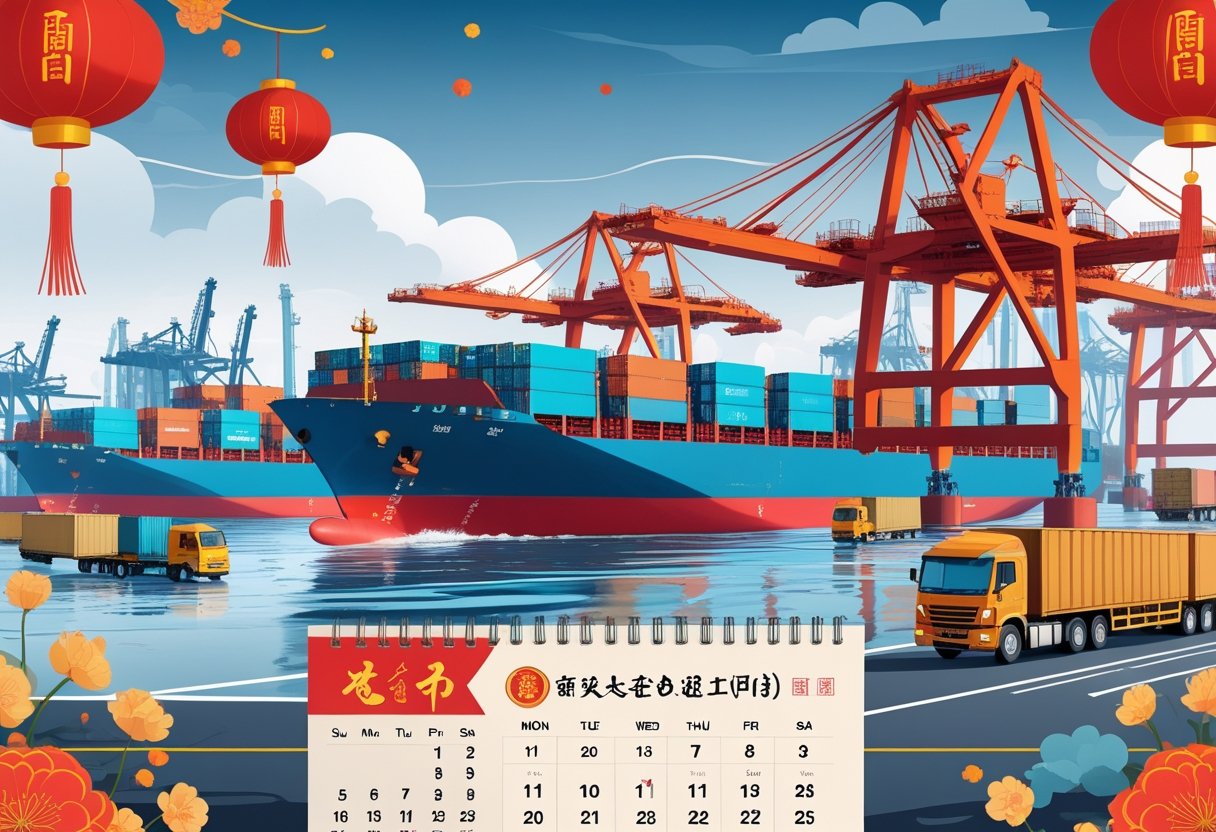 A busy shipping port with cargo ships and containers, showing a calendar highlighting Lunar New Year and slowed shipment activity connecting China to the world.