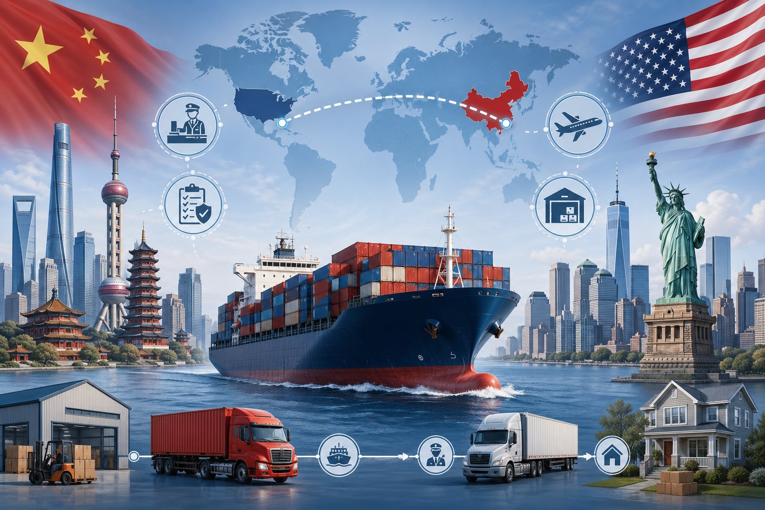 A cargo ship sailing between a Chinese city skyline and an American city skyline with a world map showing a shipping route connecting the two countries.