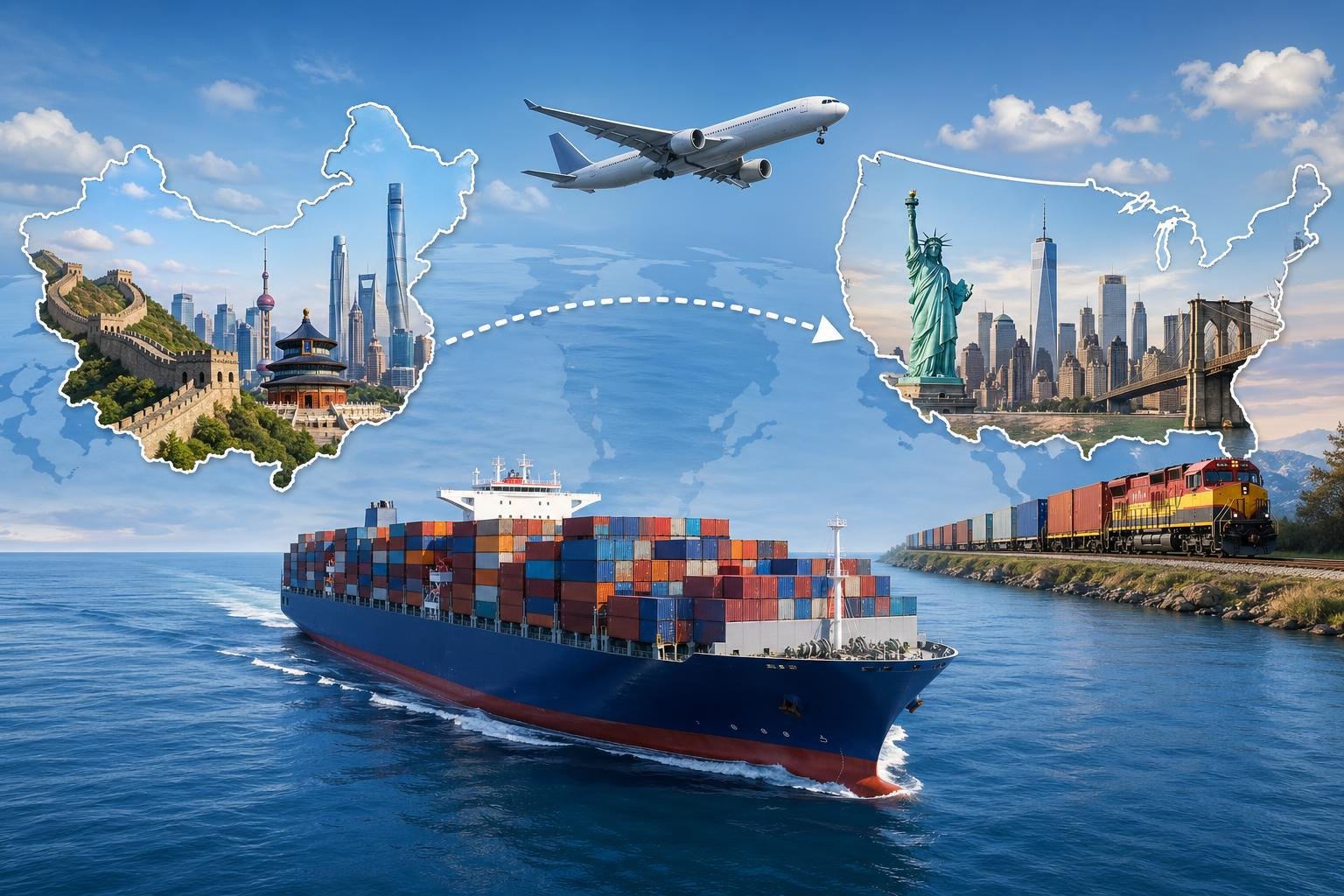 A cargo ship sailing across the ocean between stylized maps of China and the USA, with symbols of shipping and transportation connecting the two countries.