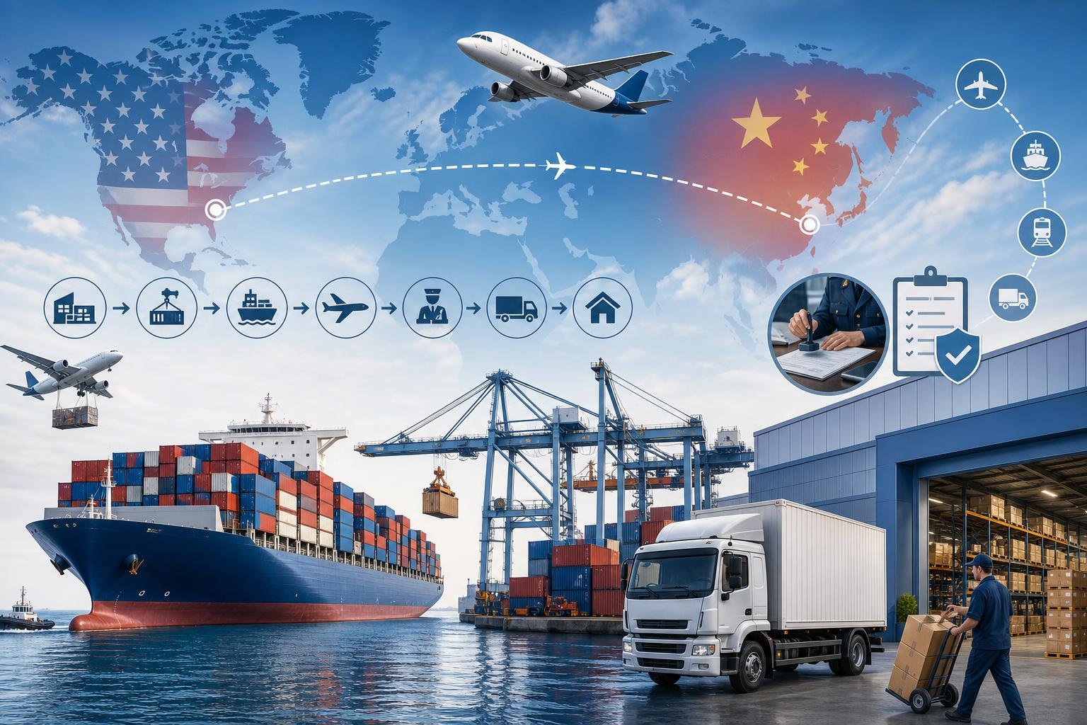 A cargo ship with containers sailing across the ocean, a delivery truck arriving at a warehouse, and a map showing a shipping route from China to the USA.
