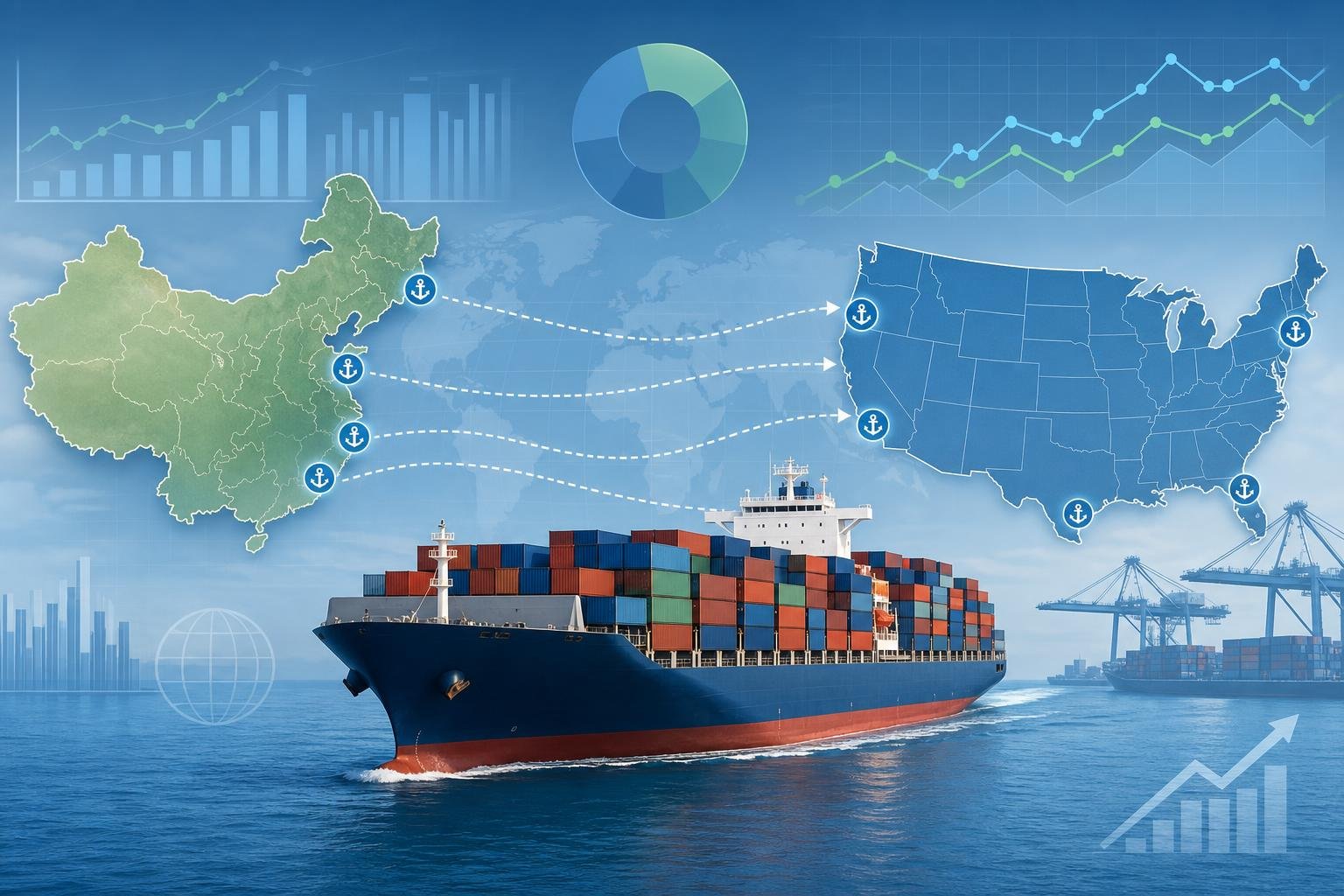 A cargo ship carrying containers sailing between maps of China and the USA connected by arrows representing shipping routes.