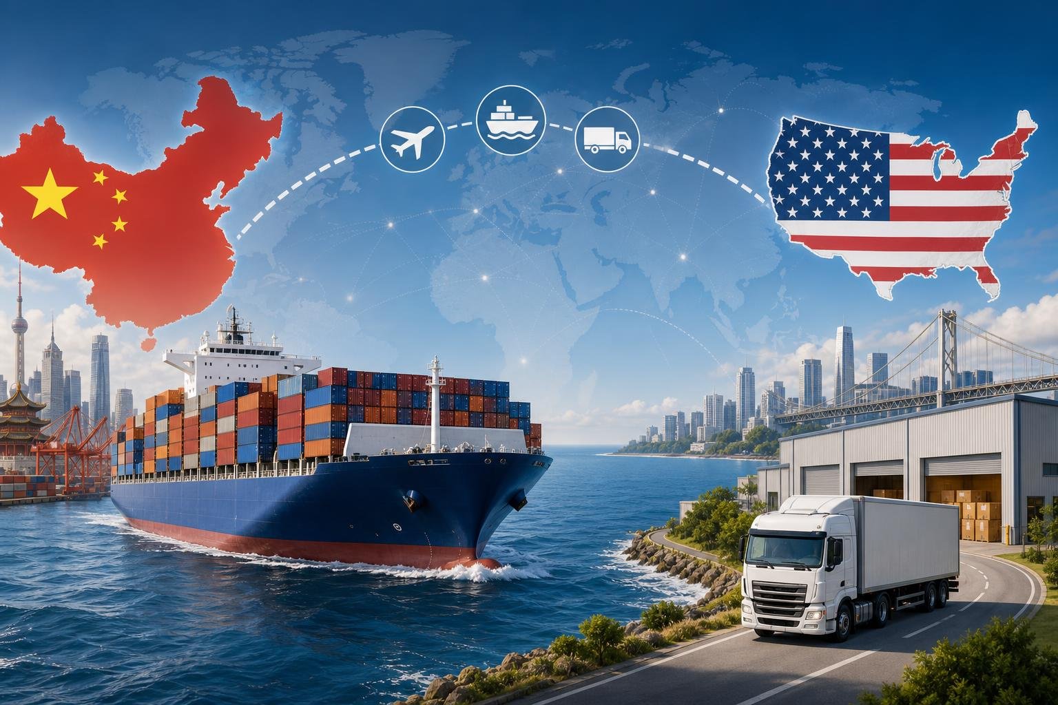 A cargo ship sailing between the coasts of China and the USA with a delivery truck near a warehouse on the USA side, illustrating international shipping.
