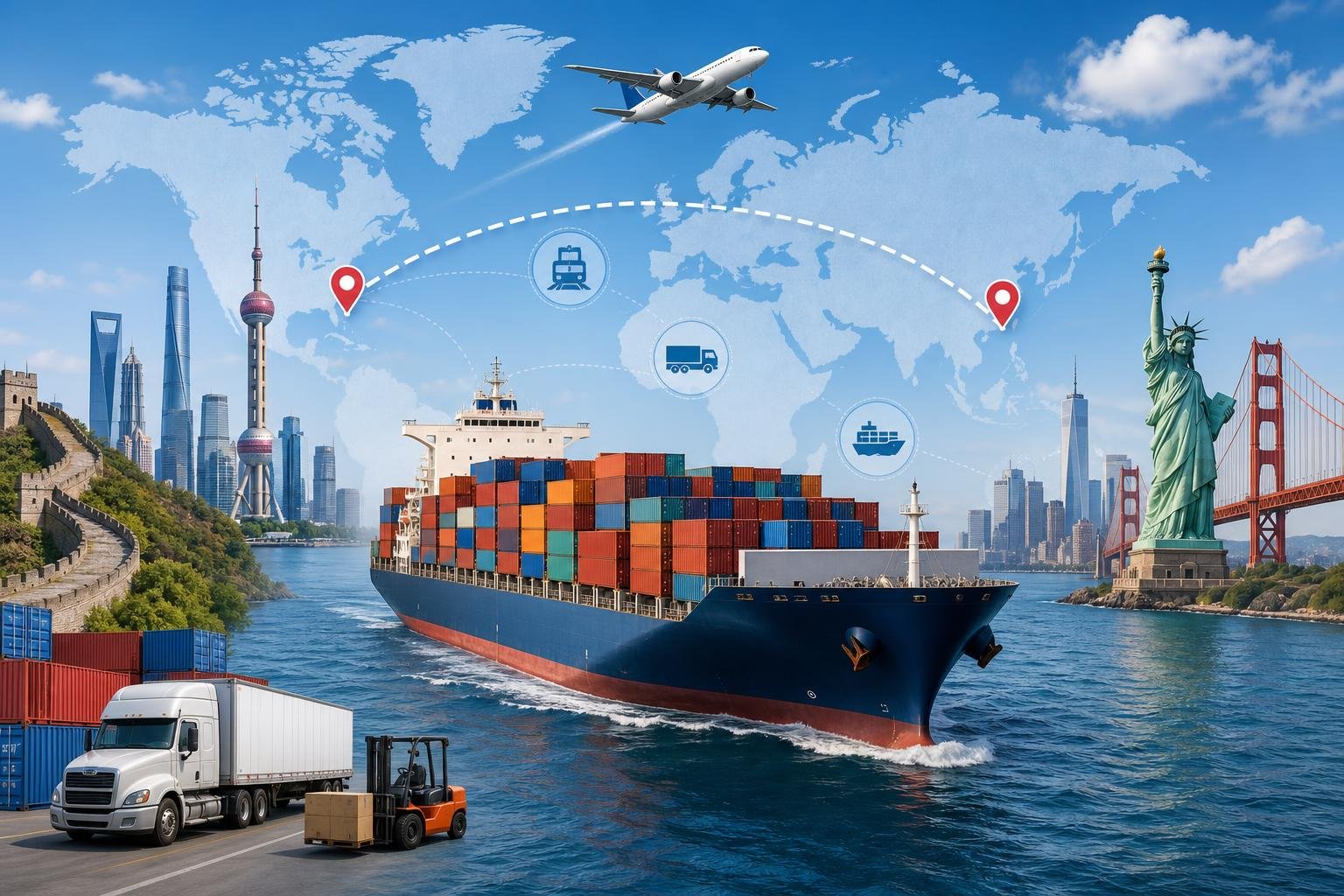 A cargo ship sailing across the ocean between China and the USA, with landmarks from both countries and a route marked on a map in the background.