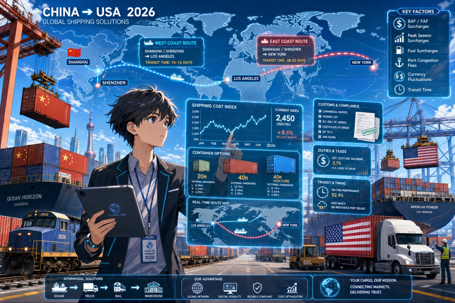 Young businessperson with a tablet stands before a glowing global shipping dashboard showing routes and costs over a port scene.