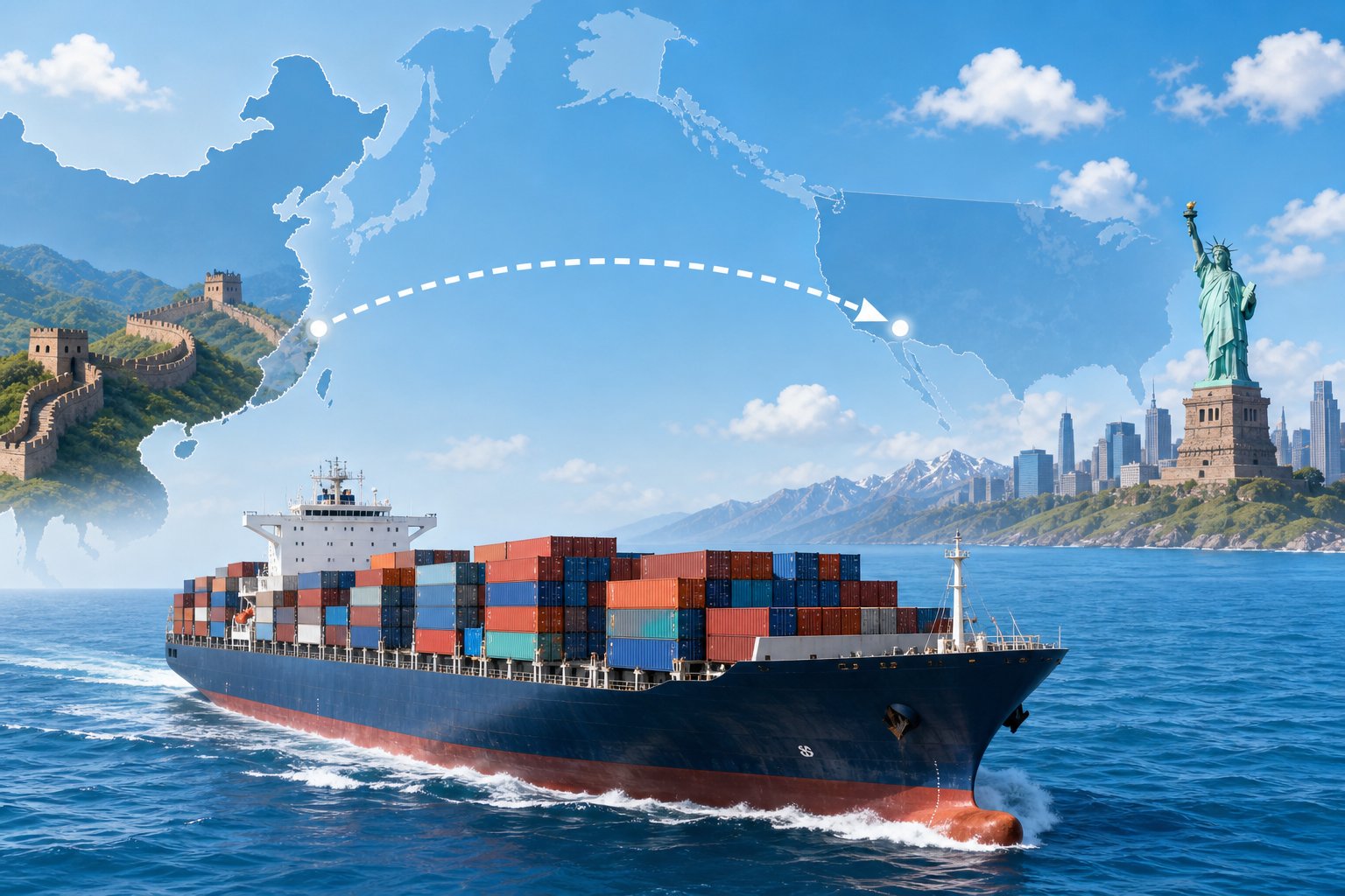 A cargo ship carrying containers sailing across the ocean from China to America with a map showing the shipping route between the two countries.