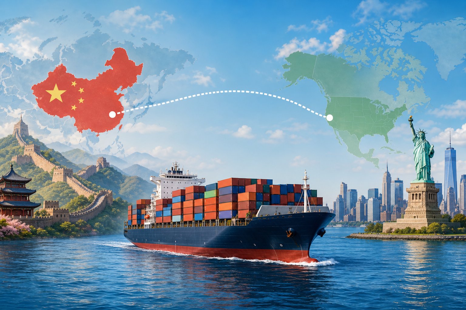 A cargo ship carrying containers sailing across the ocean between China and the United States, with a map showing both countries connected by a shipping route.